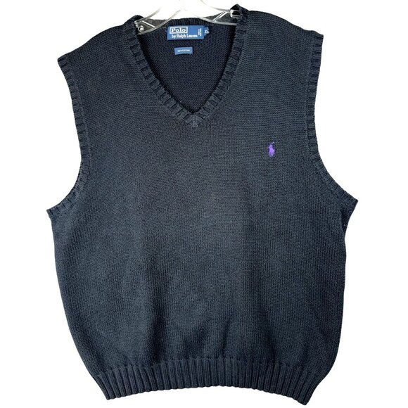 Vintage Polo Ralph Lauren Sweater Vest Men XL Navy Blue V-Neck Cable Knit Cotton - Picture 1 of 6